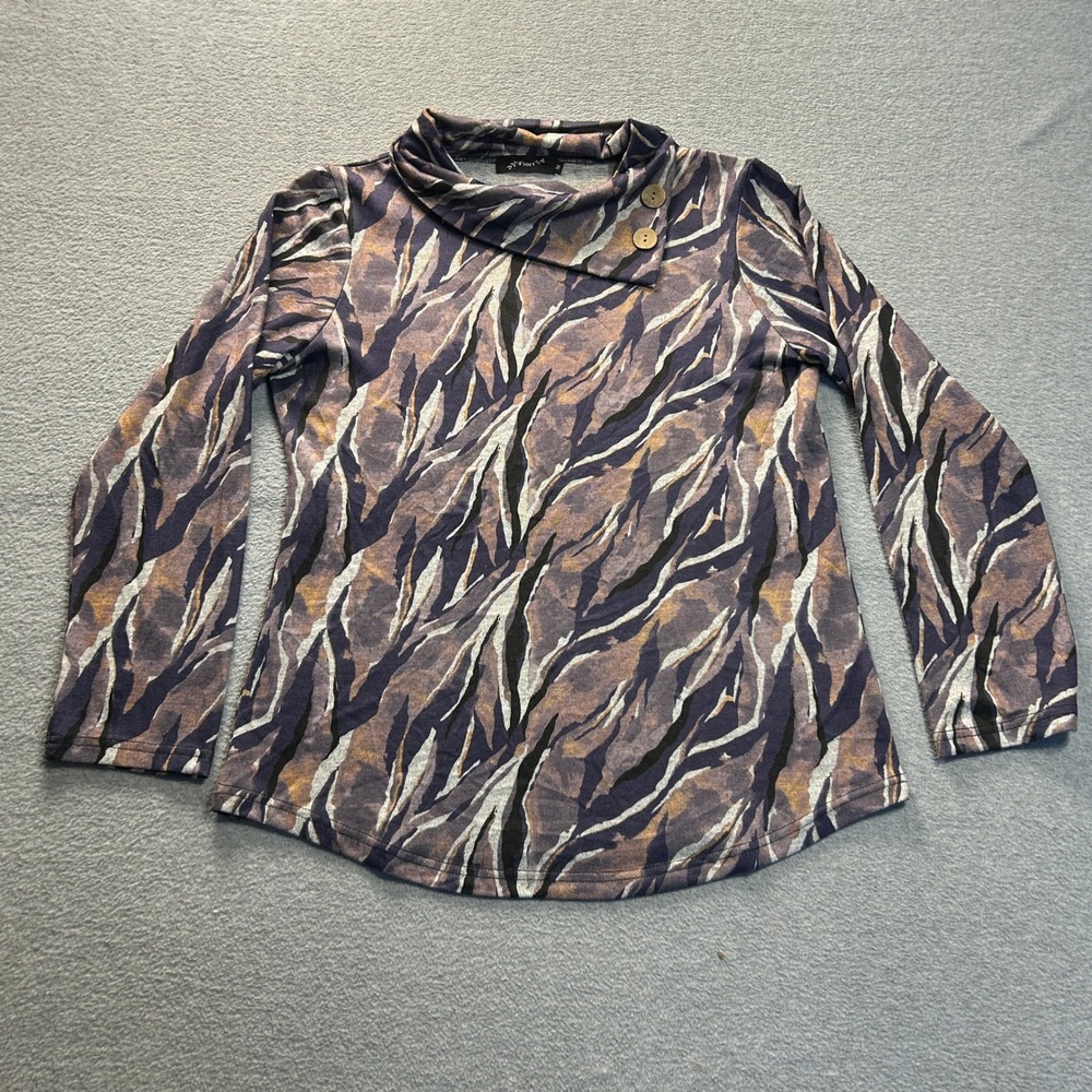 Fiori Cowl Neck Button Accent Top‎ Womens Medium Animal Print Long Sleeve Knit